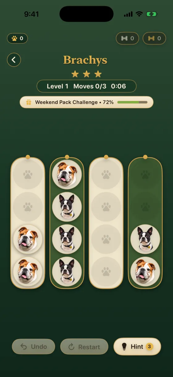 Brachys gameplay: four kennel tubes holding Boston Terrier and English Bulldog pups mid-sort, with move counter, undo, restart and hint controls