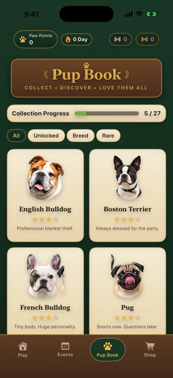 The Brachys Pup Book, showing collected English Bulldog, Boston Terrier, French Bulldog and Pug cards with rarity stars