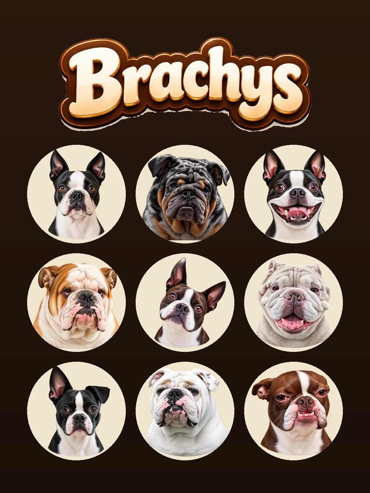 Nine Brachys pup portraits in ivory discs beneath the Brachys wordmark