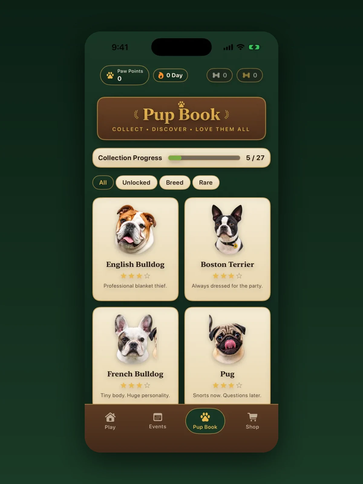 The Brachys Pup Book collection screen, showing English Bulldog, Boston Terrier, French Bulldog and Pug cards