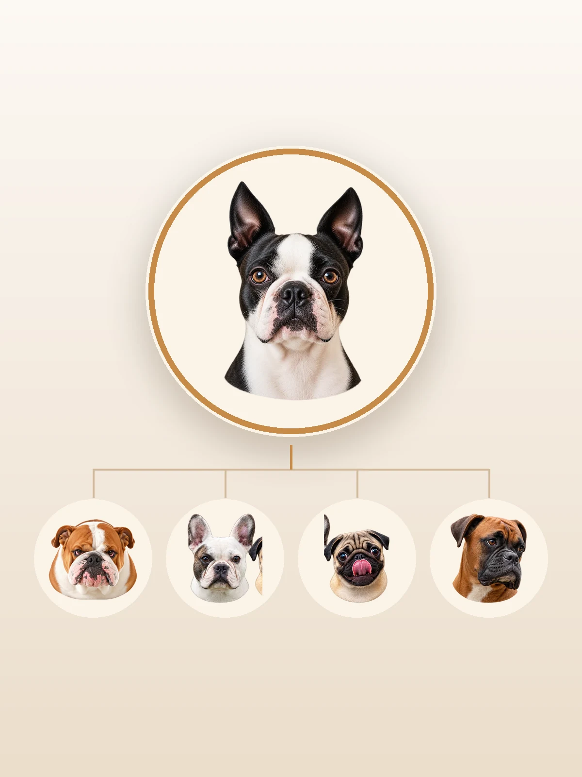 A Boston Terrier crowned above four other brachycephalic breeds in a voting bracket