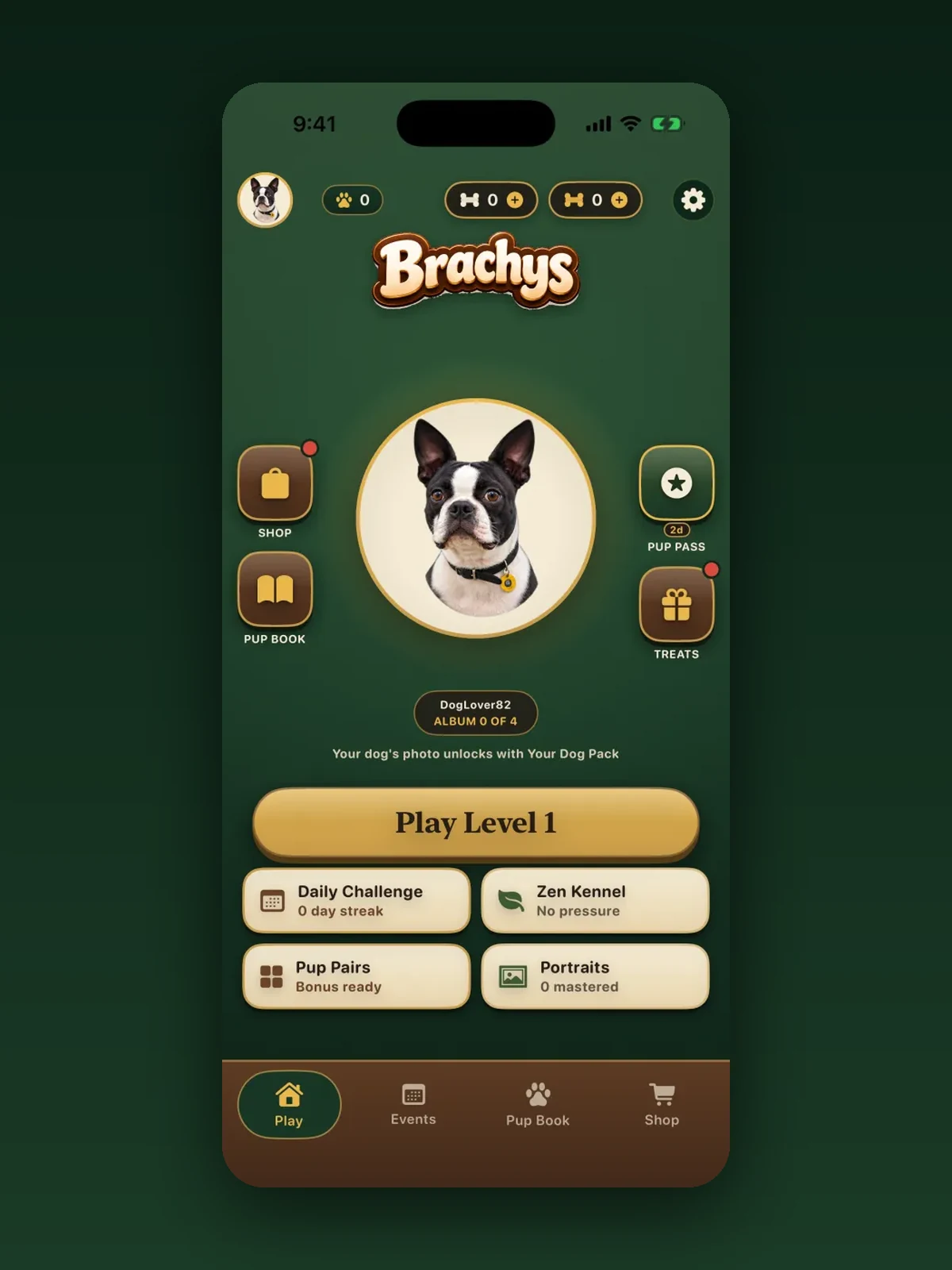 The Brachys home screen, showing the daily challenge, Zen Kennel and Pup Pairs modes