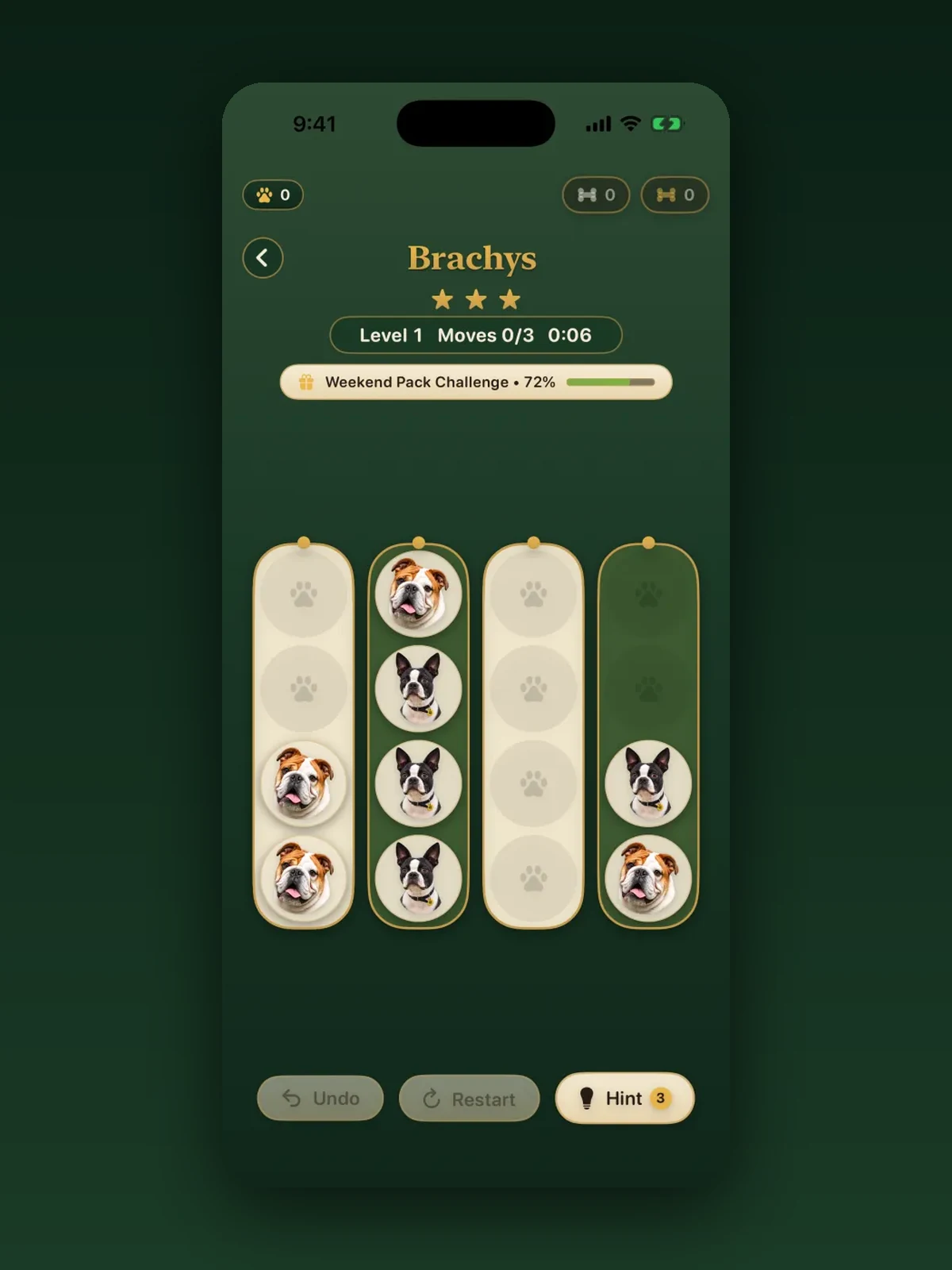 Brachys gameplay: four kennel tubes being sorted by breed, with the move counter and hint controls