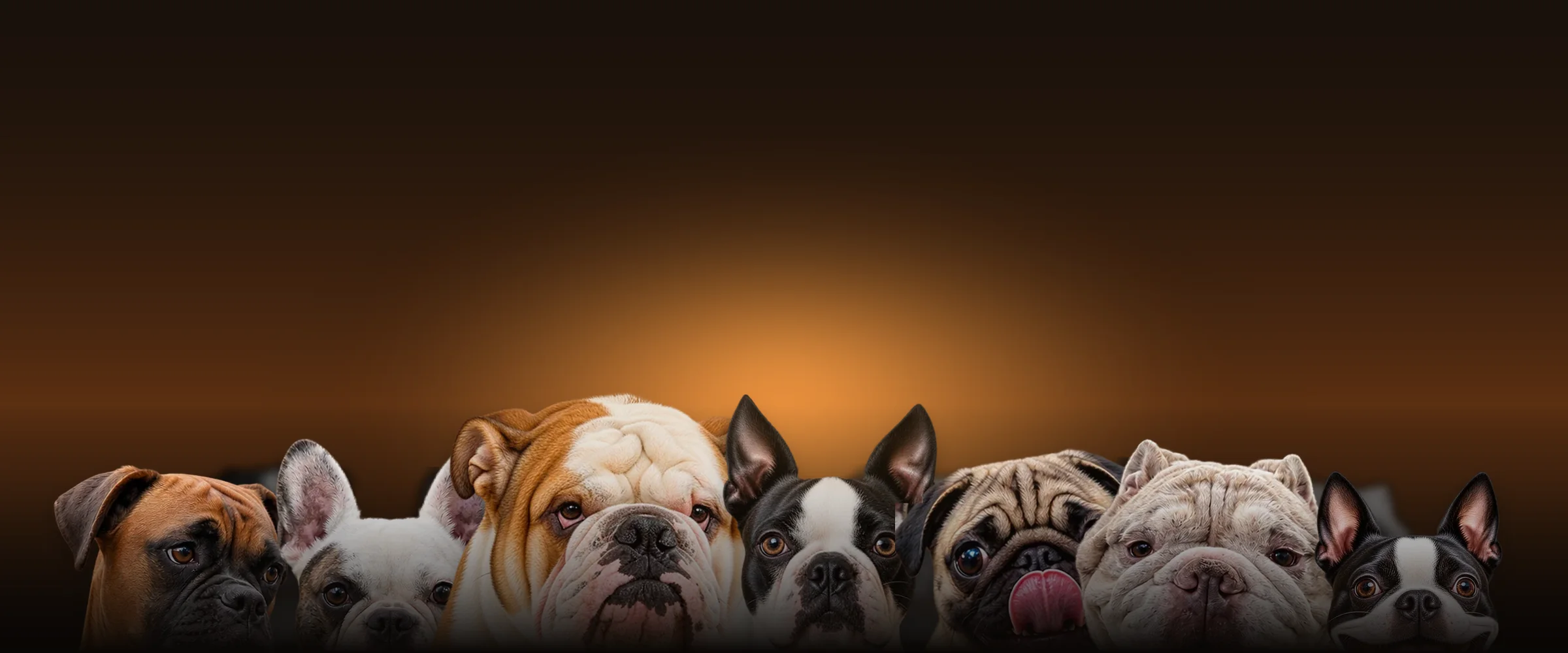 A row of brachycephalic dogs - a Boxer, French Bulldog, English Bulldog, Boston Terrier, Pug and more - looking up over a ledge against a warm sunset
