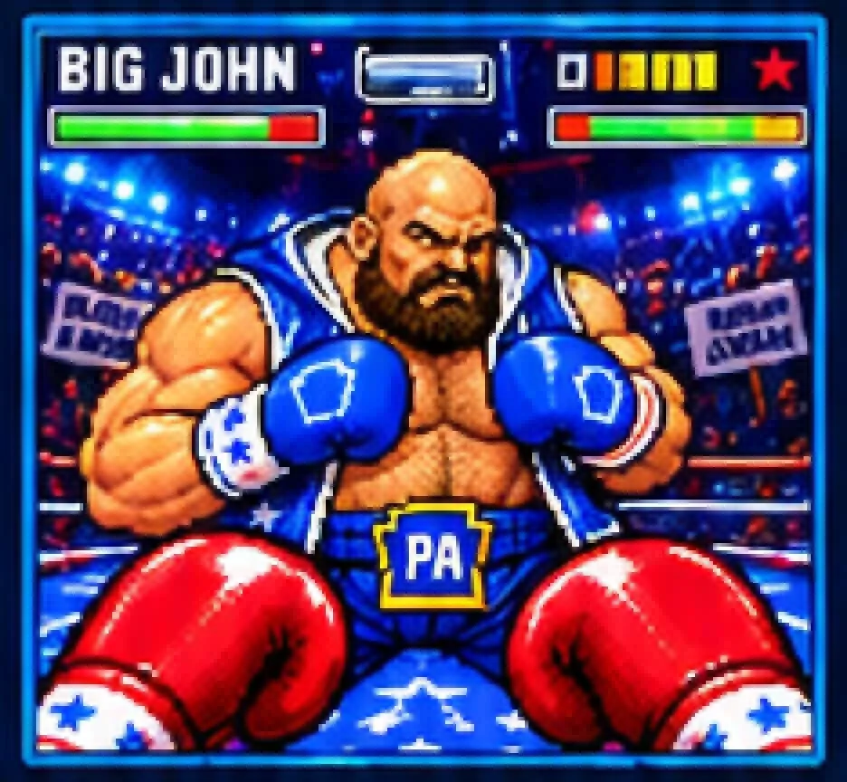 Big John, a bearded heavyweight in a blue robe with Pennsylvania trunks, guarding up in the ring with his health and ENOUGH meters above him