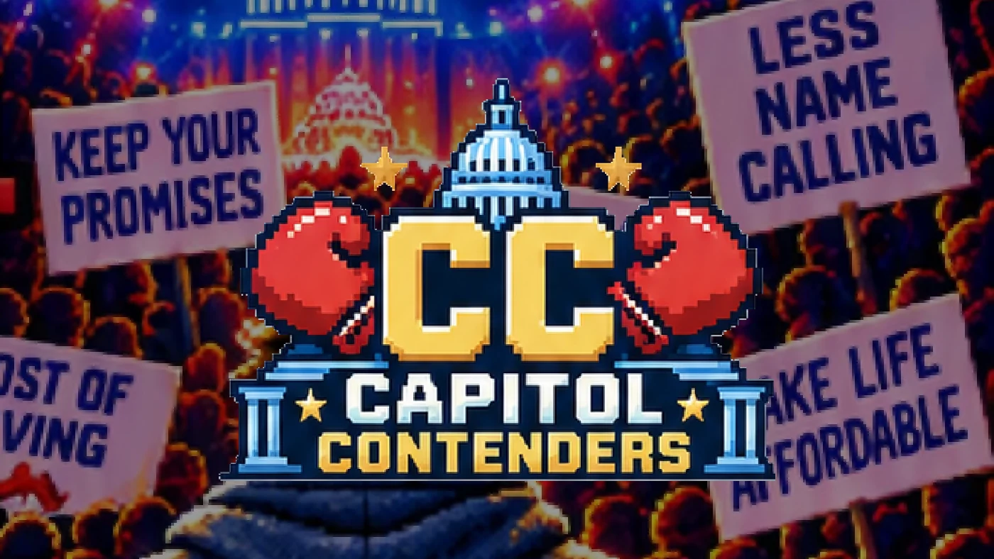 Capitol Contenders key art: the Capitol Contenders logo over a lit arena crowd holding protest signs