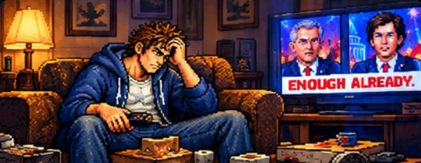 Joe Public slumped on his couch at night, head in one hand, a cable news panel on the television behind him captioned Enough Already