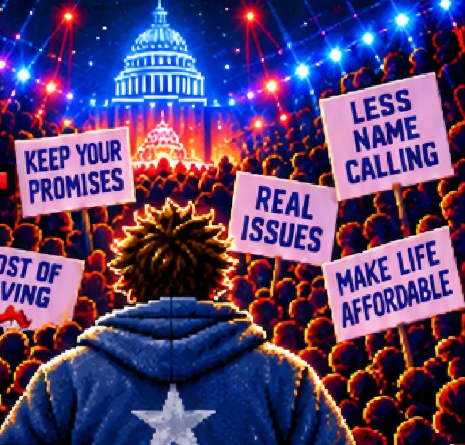 A hooded figure seen from behind facing a packed arena crowd, the Capitol dome lit up in the distance and protest signs reading Keep Your Promises, Less Name Calling, Real Issues and Make Life Affordable