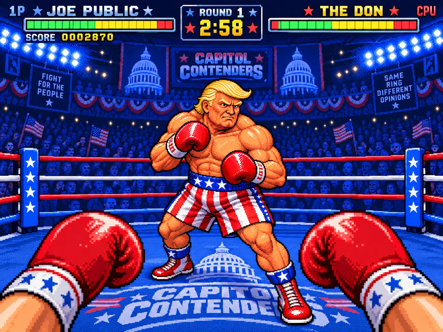 First-person view from inside a Capitol Contenders match: red gloves in the foreground and The Don squaring up across the ring